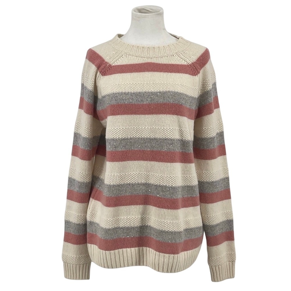 Saks Fifth Avenue Cashmere Sequin Striped Sweater Pink Grey Cream Medium Sparkle